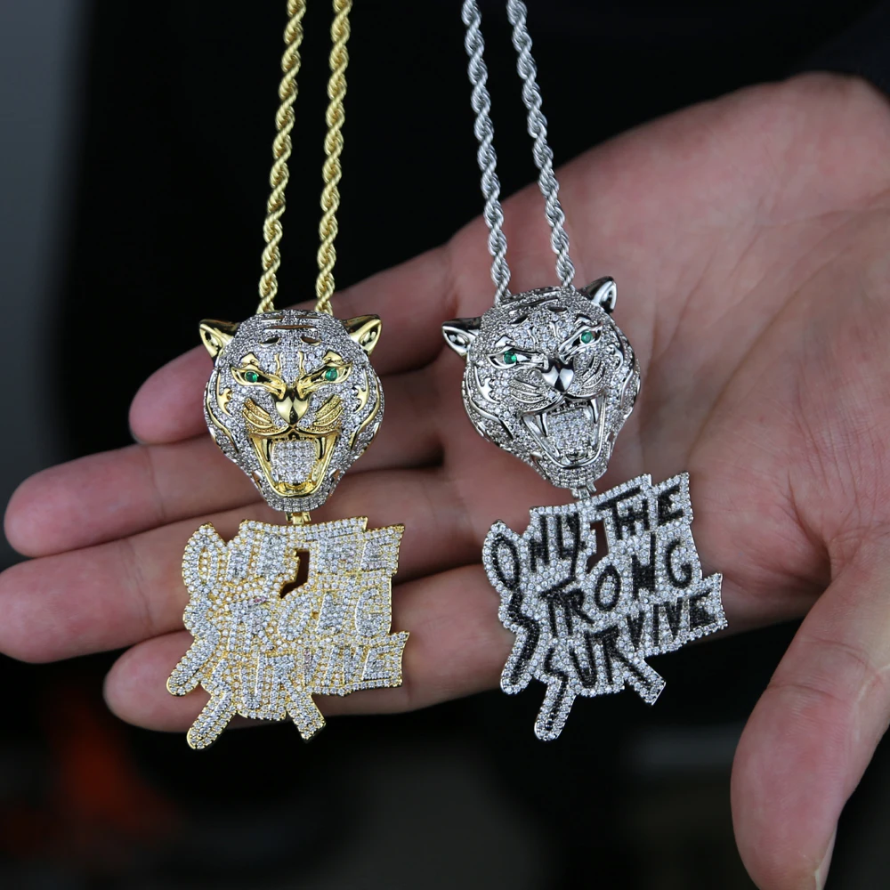only the strong survive hip hop men pendant jewelry micro pave cz tiger head letter necklace