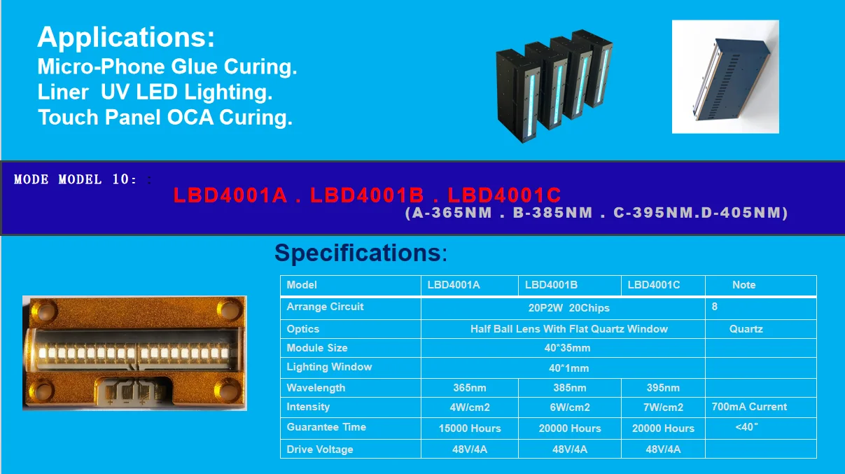 LBD4001 OCA Module 365nm 385nm 395nm 405nm 7W/cm2 UV LED Module For Micro-Phone Glue Curing/Liner  UV LED Lighting