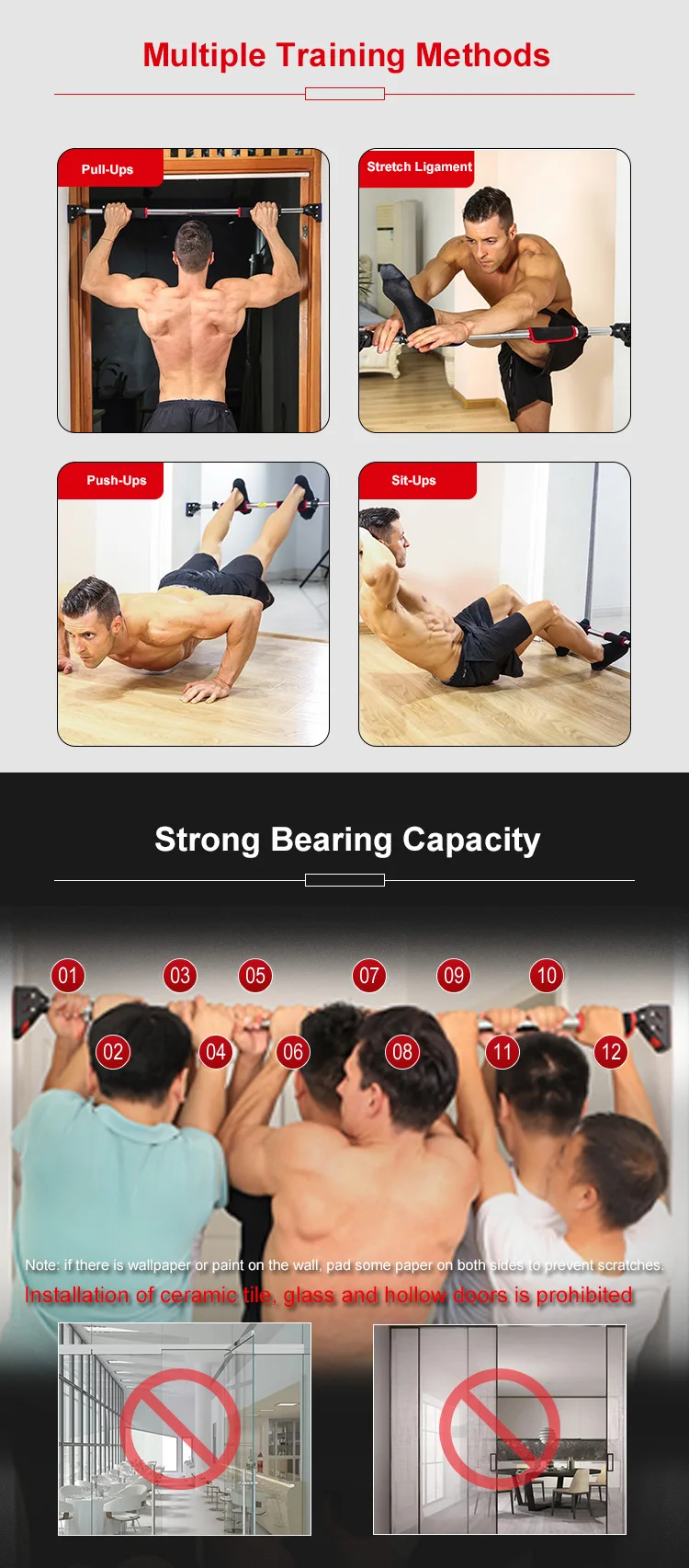 No Screws Home Pullup Bar with Safety Locking Catch Portable Stainless Steel Upper Body Workout Bar for Home Gym Exercise