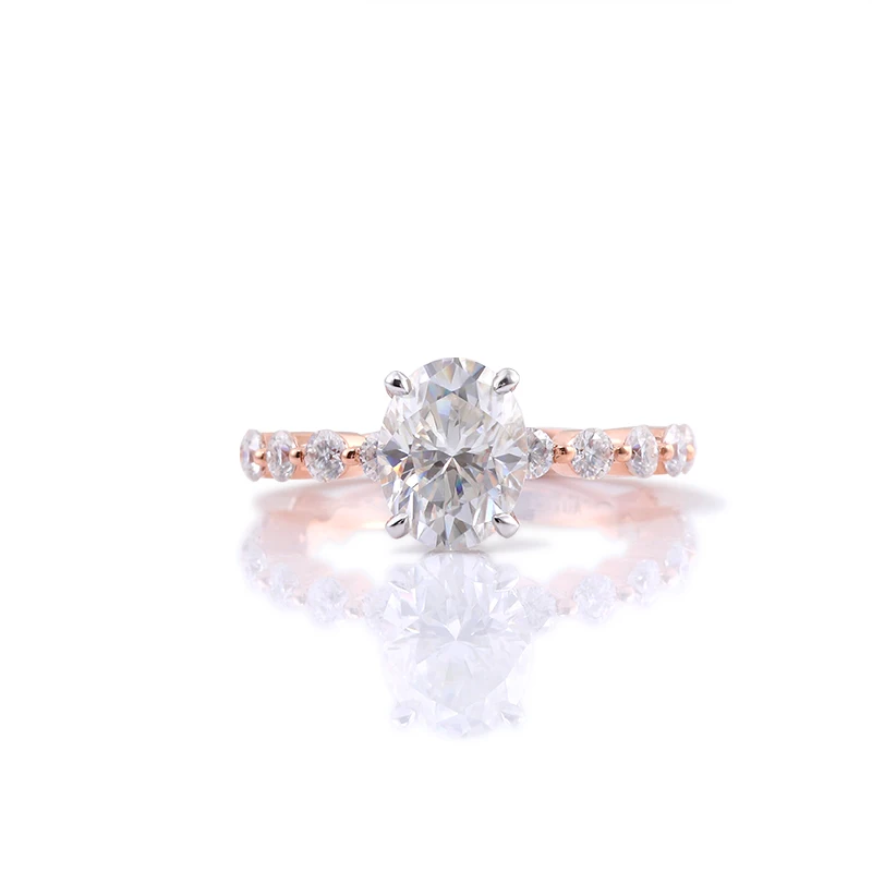 Half eternity 2.5mm bubble band 2.5ct D color oval brilliant cut moissanite engagement ring with hidden halo
