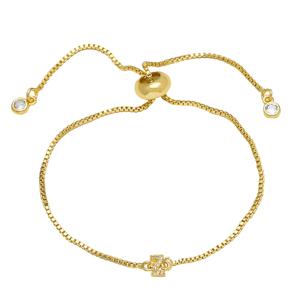 Fashion Adjustable Gold Plated Zircon 26 Letter Bracelets Copper Jewelry Box Chain Alphabet Charm Bracelet