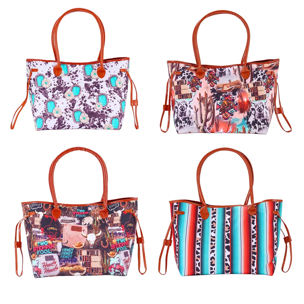 PU handle handbags shoulder bag Indian style cow pattern cosmetic bag handbag denim leopard pattern striped bag