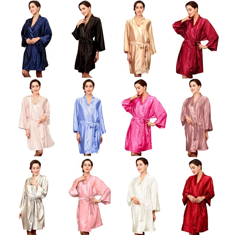 Wholesale femme plain short custom soft bath embroidered bridesmaids bride kimono silk satin robes women