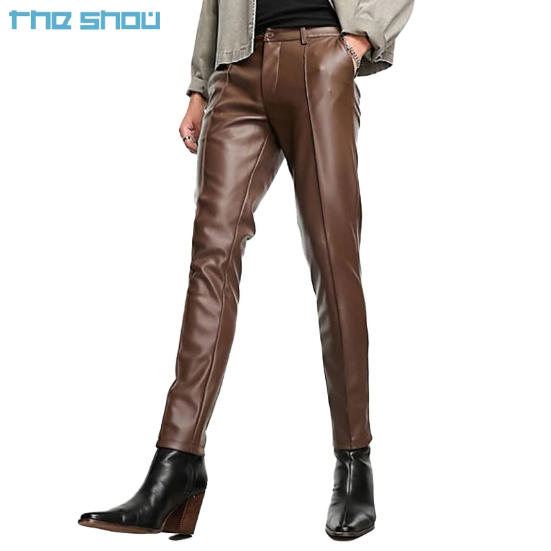 Custom  light weight skinny fit smoothly leather pants men in brown