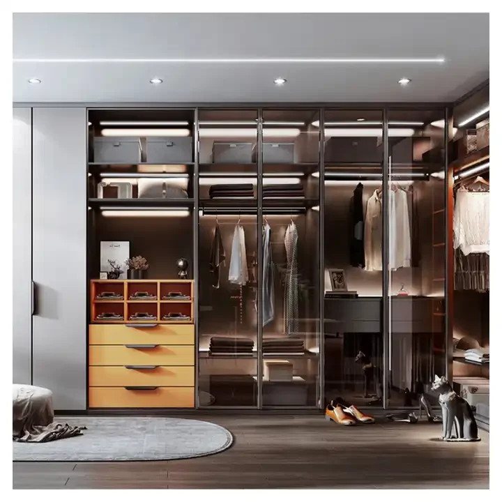 Luxury Attractive Custom Bedroom Wardrobe Display Glass Door High Quality Large Closet System Stone Countertop Storage Island