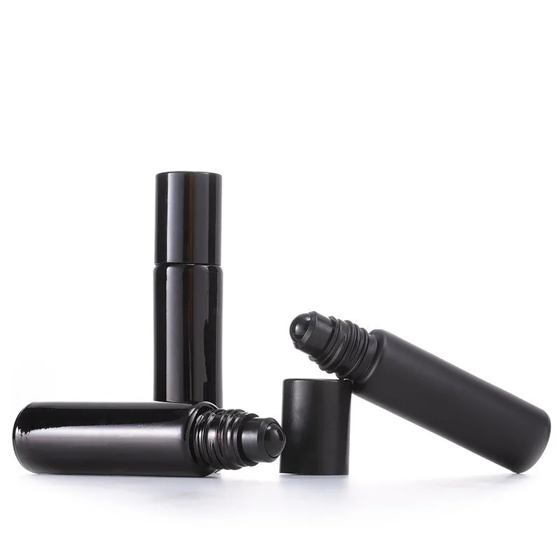High Quality 10ml Cosmetic Packaging Shiny Black Roll On Bottle 10 ml Essential Oil Frosted Black Glass Roller Perfume Bottle