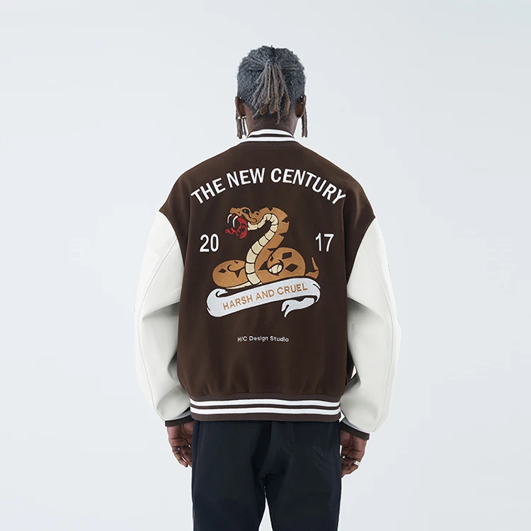 Varsity thick embroidery woolen quality brown college coat custom leather baseball factory bomber jackets for men