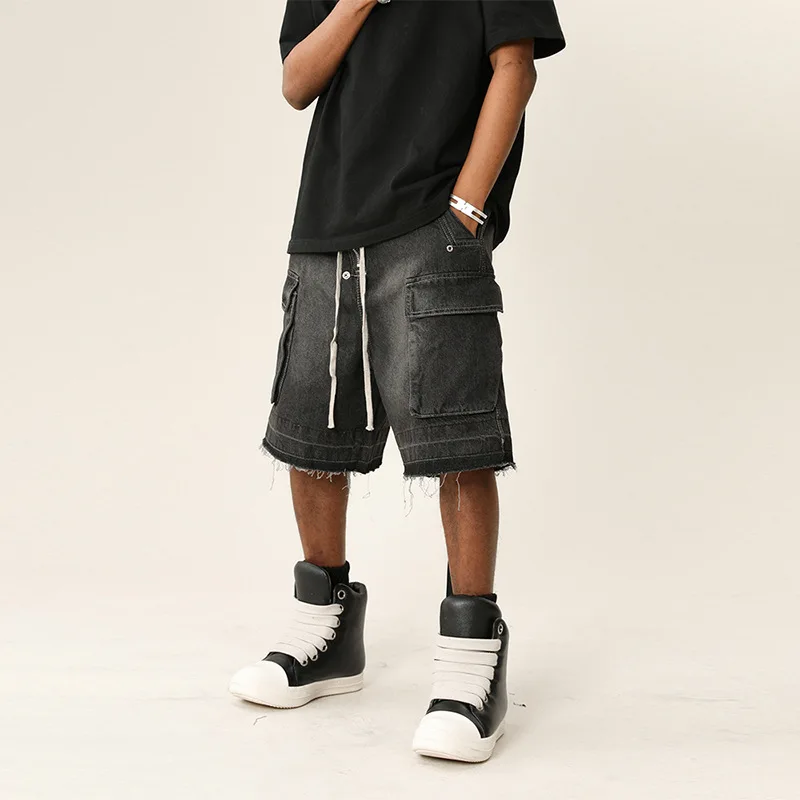 Retro Gradient Washed Worn-out Denim Shorts for Men, High Street, Multi Pocket, Satin Ribbon, Loose Wide Leg Five Quarter Pants