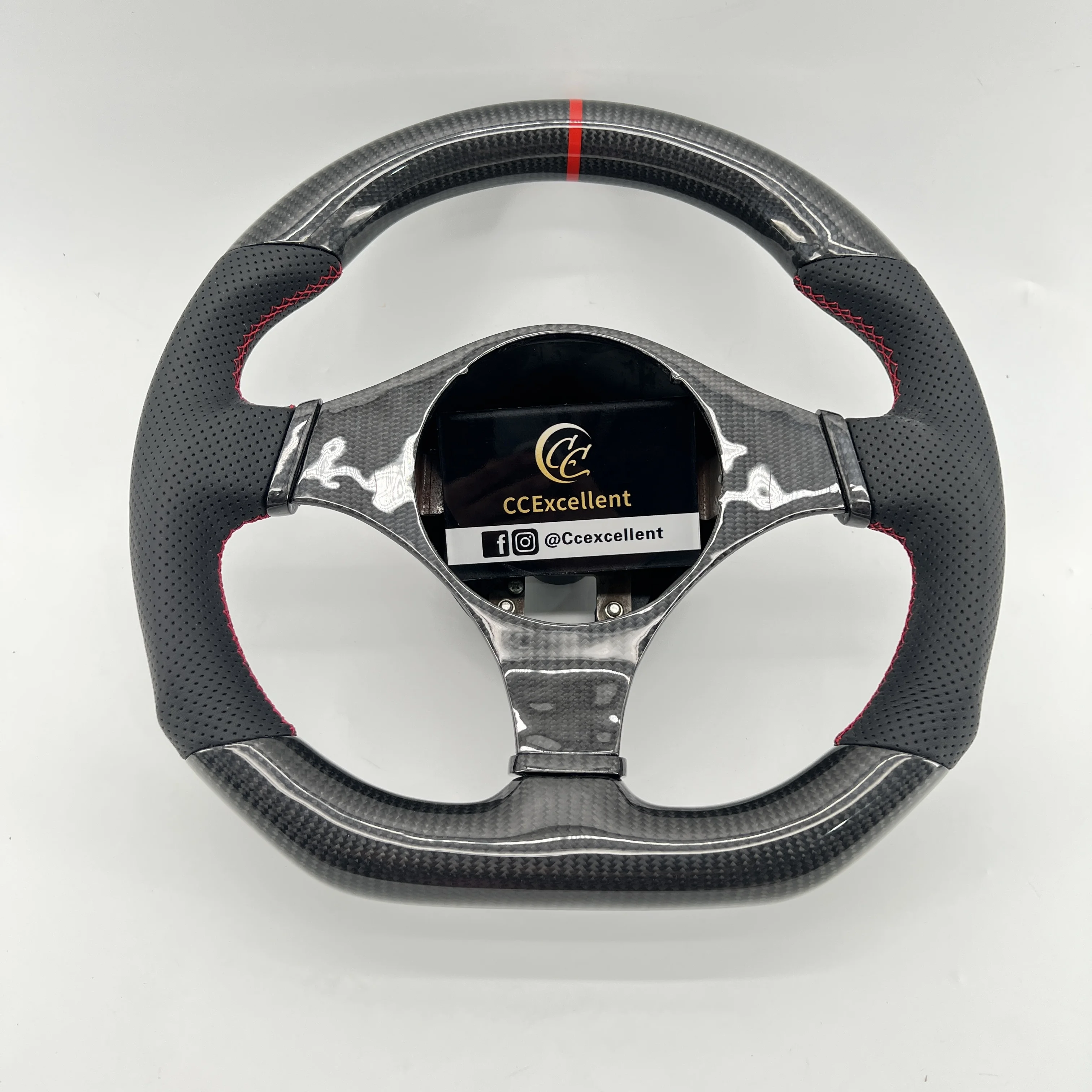 CCExcellent Factory price gloss carbon fiber red stripe round top flat bottom for Mitsubishi Evo9 carbon fiber steering wheel
