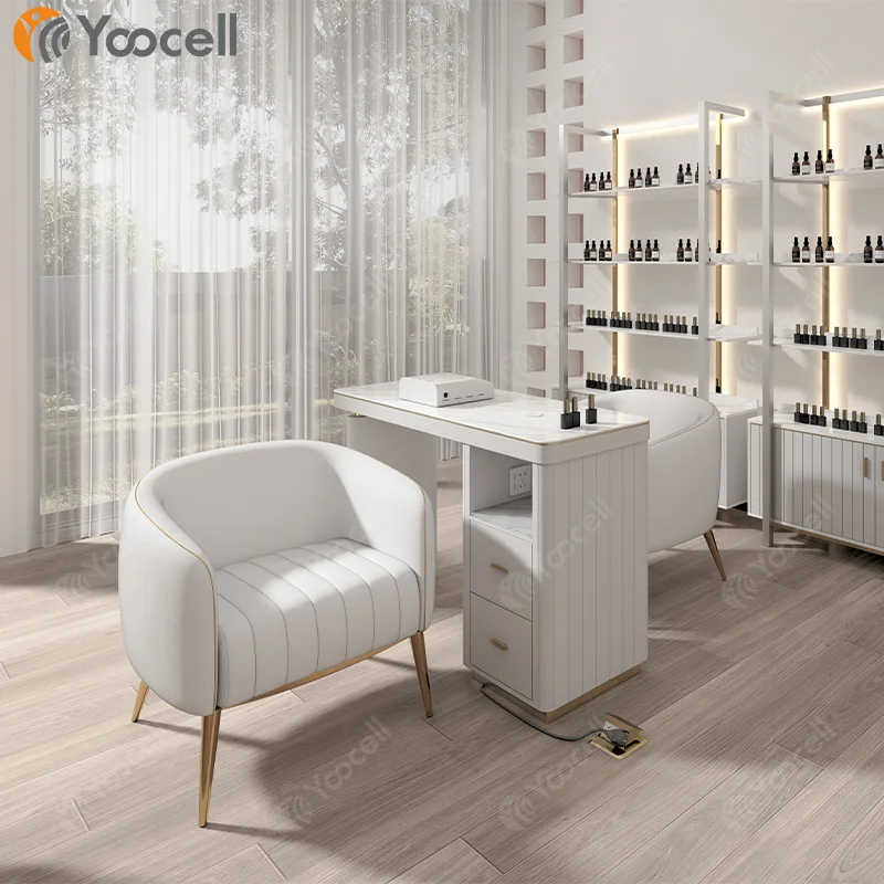 Yoocell mesa de manicure profissional beauty furniture marble double manicure table modern with chair for nail bar