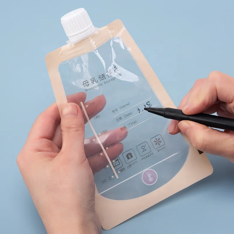 custom packaging directly connected to breast pump BPA free biodegradable stand up pouch temp sensing breast milk storage bag wi