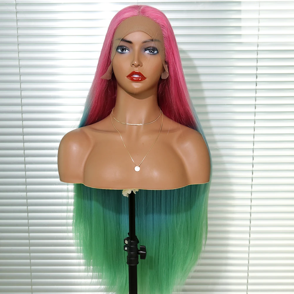 Synthetic Lace Wig Pink Ombre blue green Colorful Lace Wig With Natural Hairline Heat Resistant Hair Cosplay Halloween Wigs
