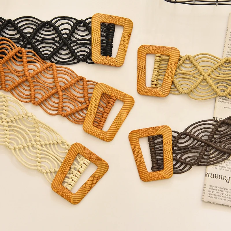 Retro Ethnic Woven Belts Women Trapezoid Buckle Ladies Designer Waist Belts for Dress Waistband