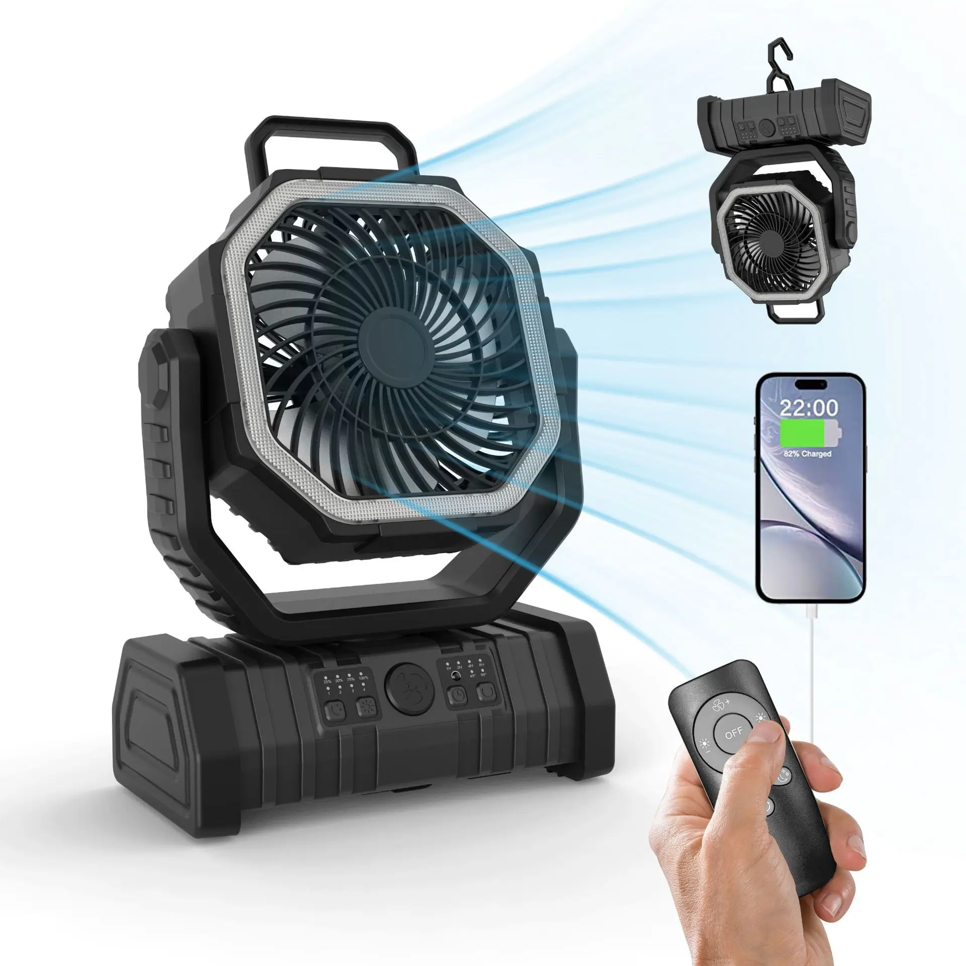 Mobile Remote Control 4-speed Standing Fan Camping Can Hang Light Tube Portable Fan Outdoor 10000mah USB Rechargeable Fan