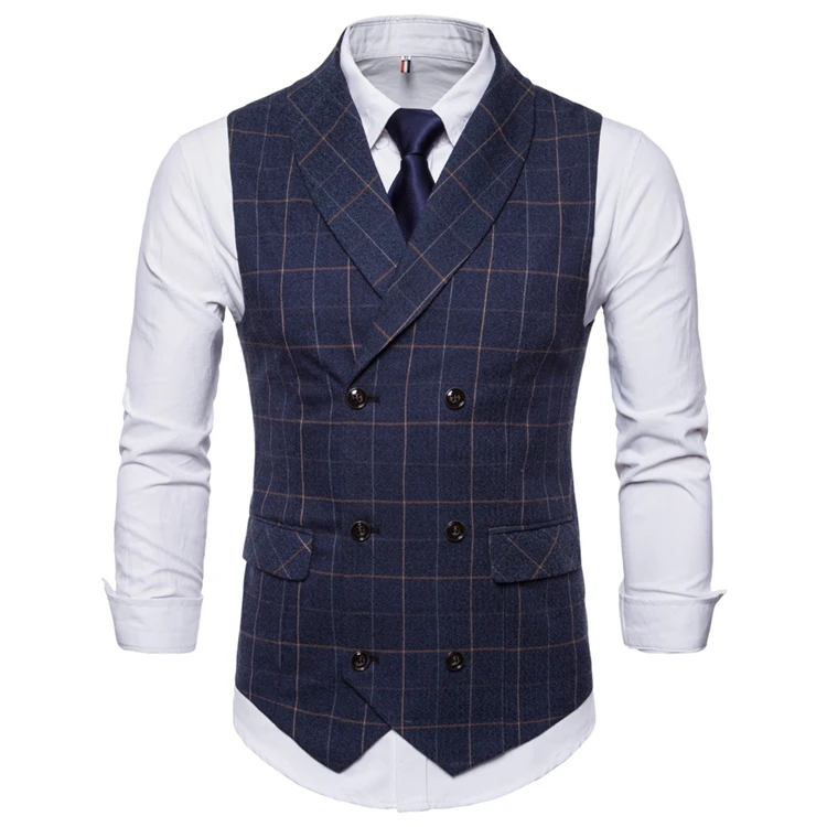  Slim Fit Business Clothes Formal Plaid Men Vest Waistcoat Cotton Suit Chalecos Hombre Double