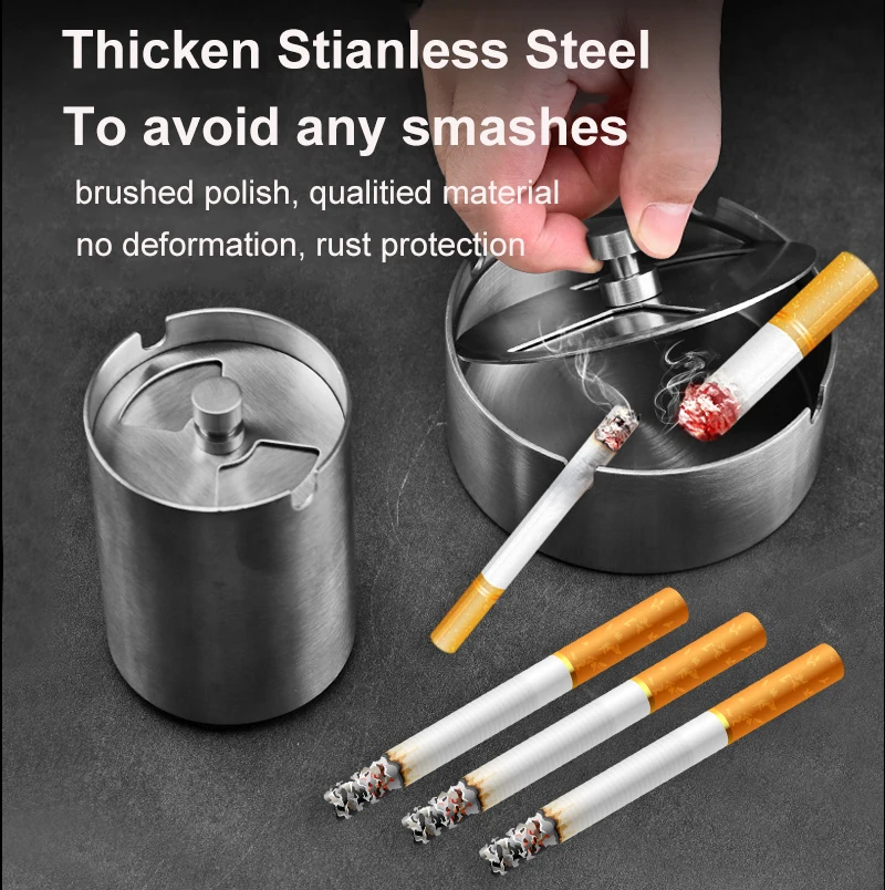 Innovative Portable Cigarette Ashtray Smokeless Round Shape Stainless Steel Cigar Ashtray with Lid Cover