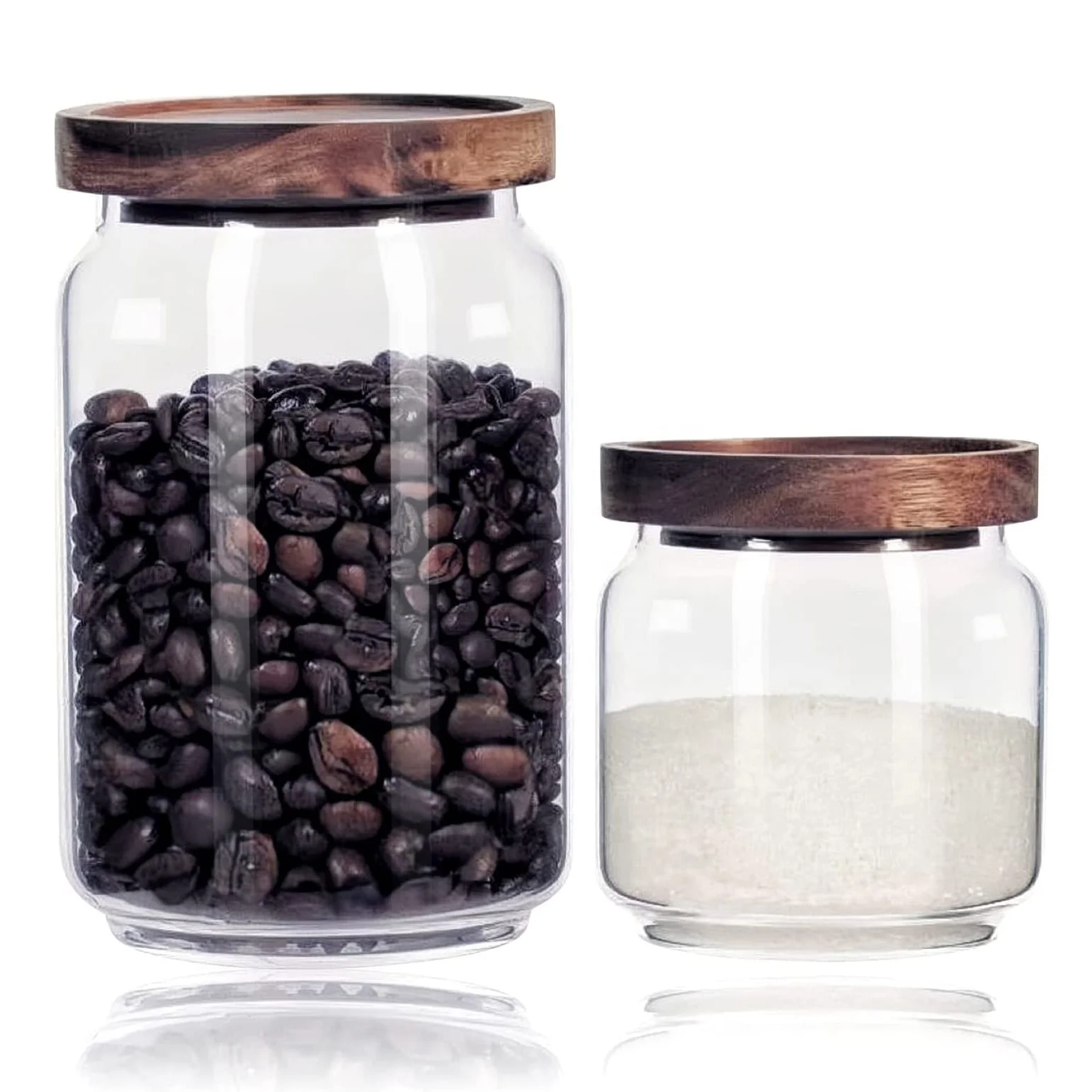 Clear Borosilicate Glass Storage Jars with Airtight Wooden Lids,Set of 2 - 19/29oz,Glass Kitchen Storage Jar Canisters