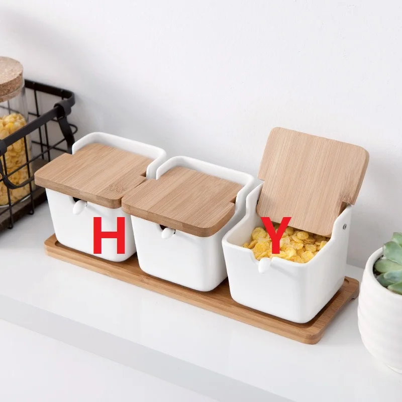 Hot Sale Spice Container 3 Pack White Seasoning Bowl For Sugar Tea Coffee Spice Square Porcelain Condiment Jar