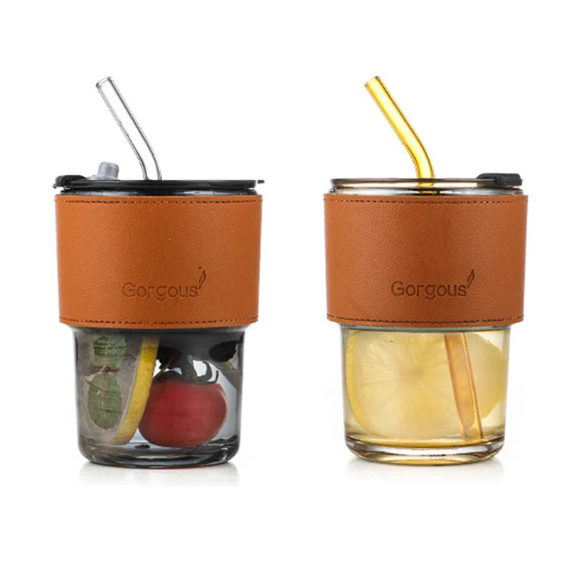 Amazons Newly 13oz/16oz Glass Tumbler Cup with Straw and Lid Glass Coffee Mug Iced Tea Cup with leather Protective Sleeve