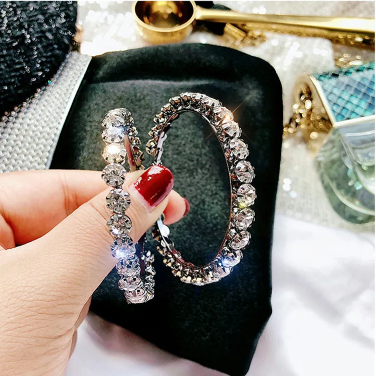 CAOSHI 925 Silver Plated Wholesale Price 5.5cm Round Circle Shiny CZ Diamond Crystal Rhinestone Girls Big Hoop Ladies Earrings