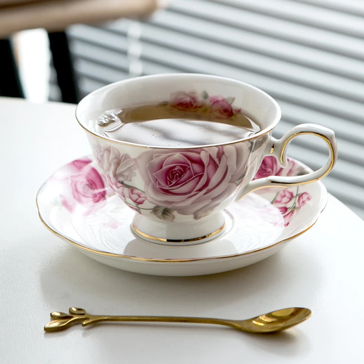 Premium quality elegant luxury pink rose floral gold rimmed espresso coffee tea cup set porcelain ceramic cups with saucer