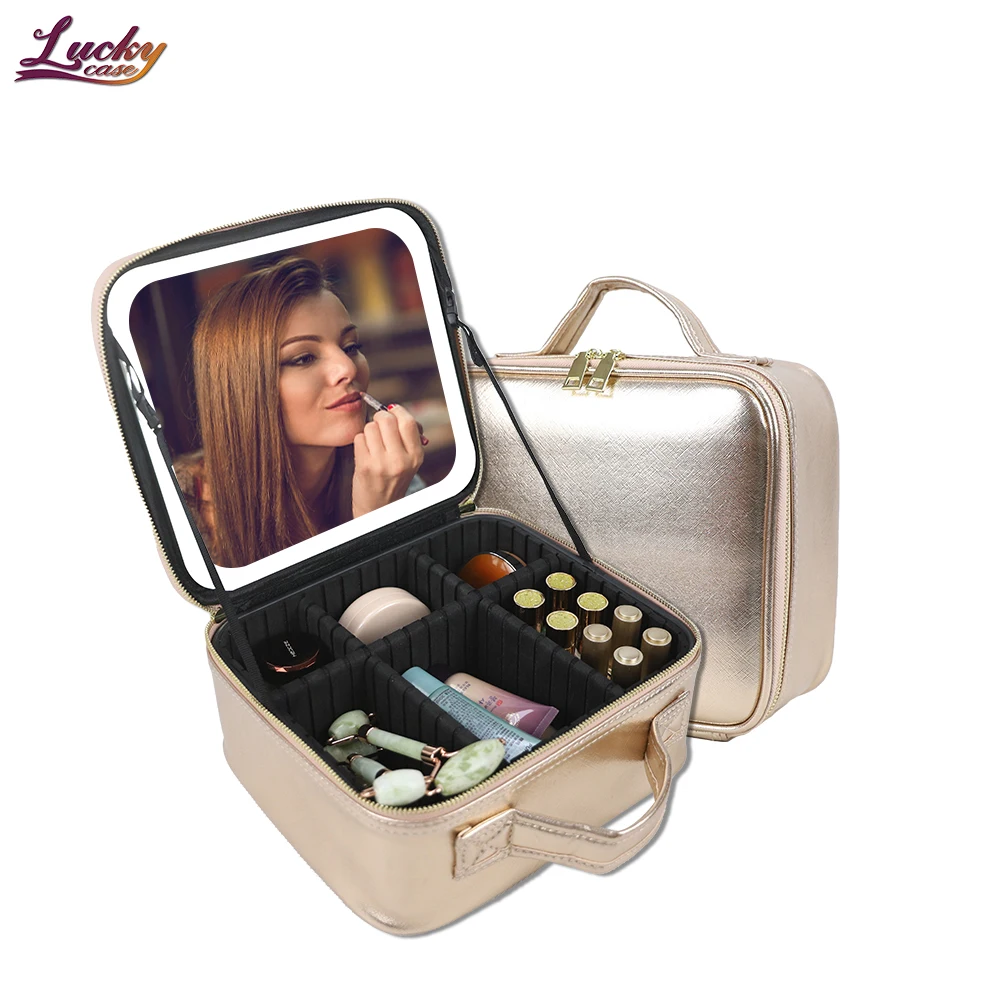 Gold Travel Makeup Bag Case with Led Light Mirror Makeup Case Removable Mirror Cosmetic Bag