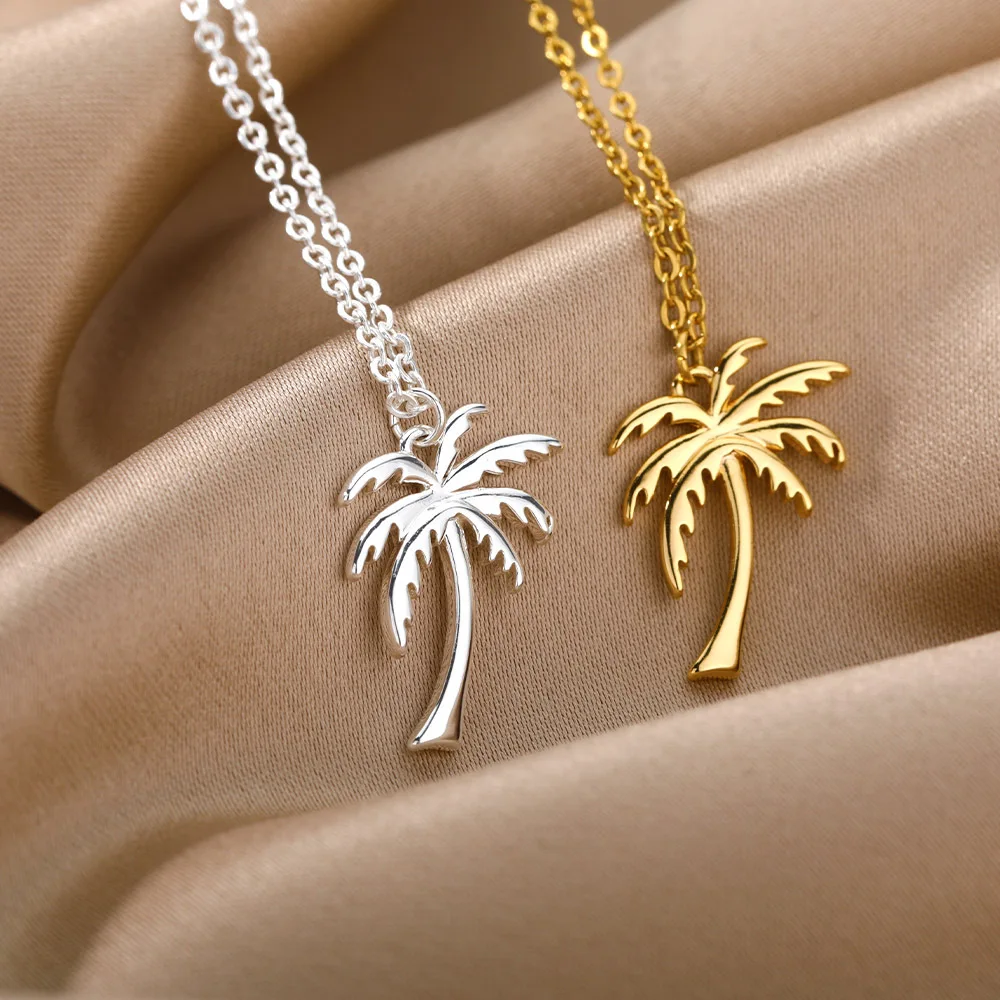 Small MOQ Wholesale Gold Plated Stainless Steel Palm Tree Necklace Coconut Pendant Jewelry