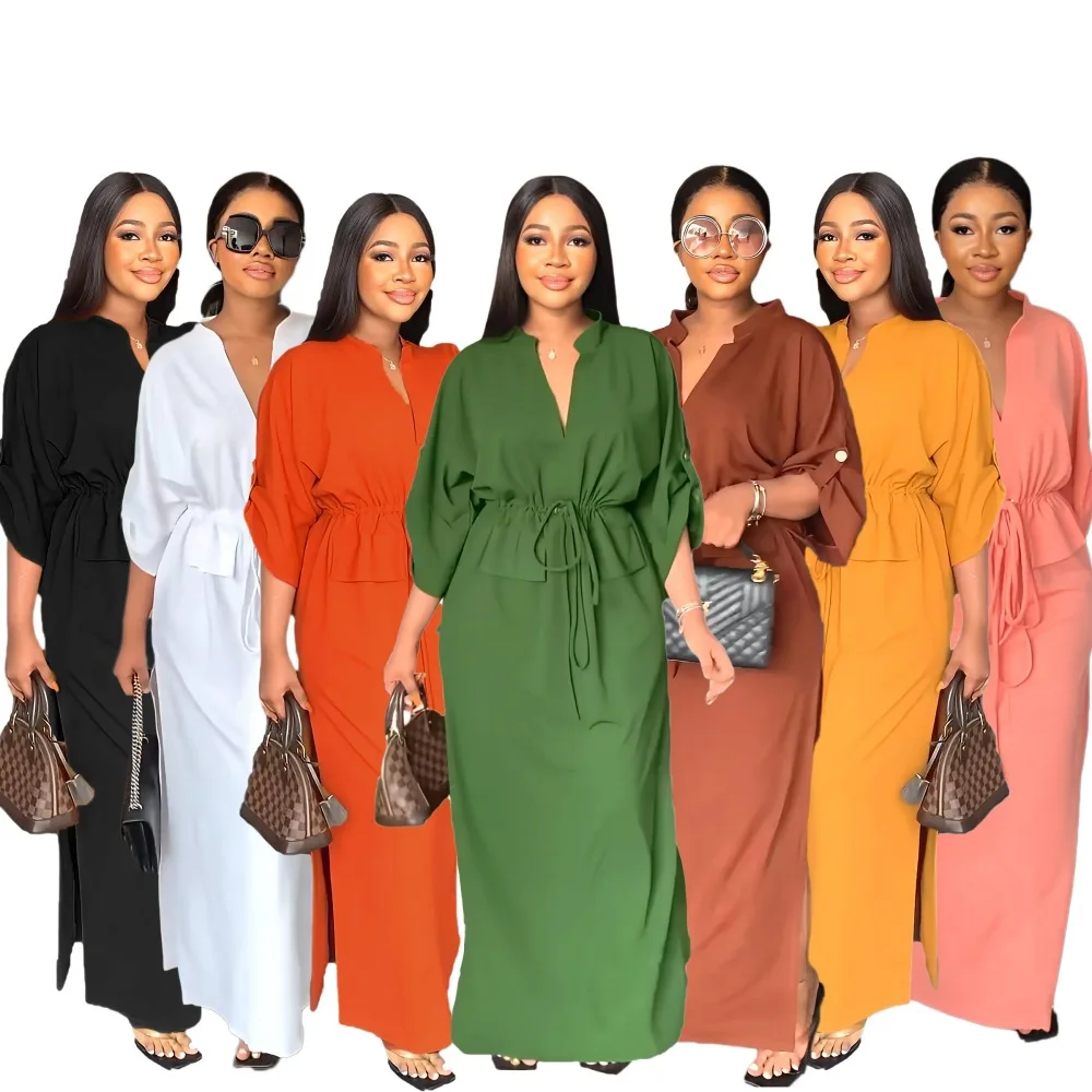 Summer Fashionable Drawstring Elastic Waist Shirt Dress Women Half Sleeve Side Slit Casual Dresses