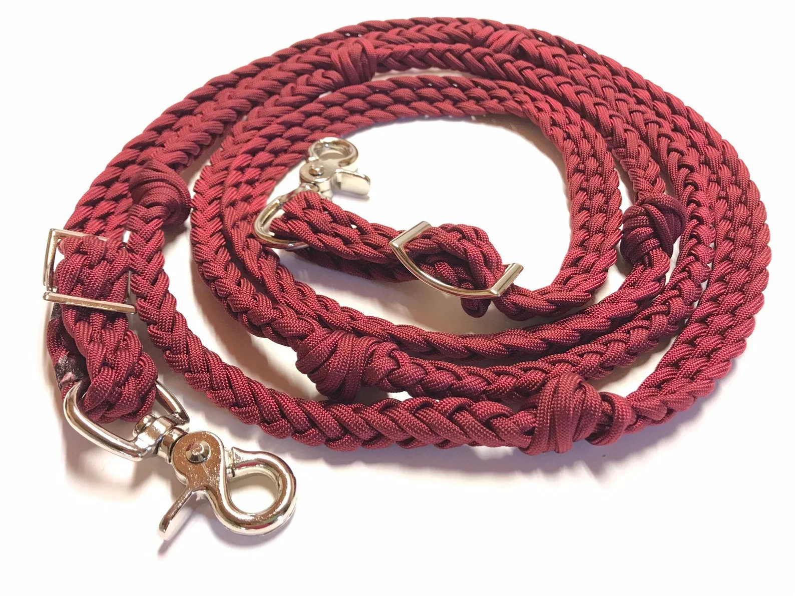 personalized length western tack barrel hand braided  burgundy paracord barrel racing reins with grip knots