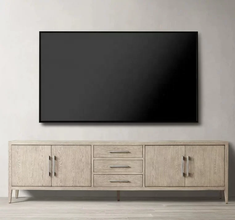 Modern American style living room wood media console French contemporary oak panel 4-door media console with drawer