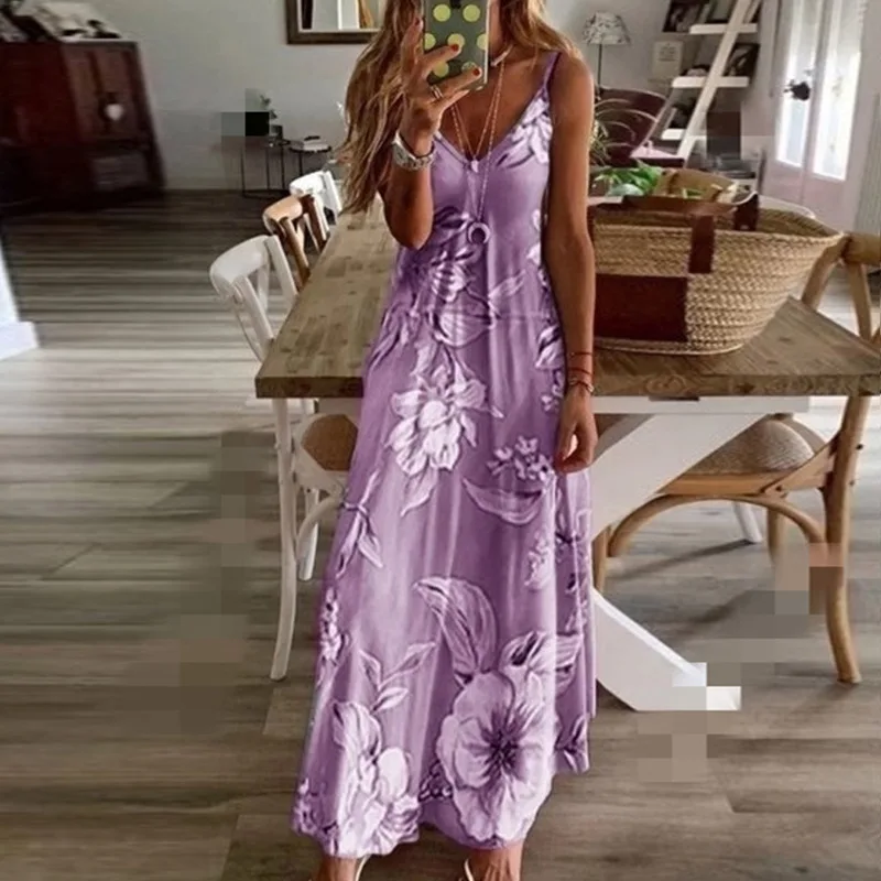 Bohemian Slip Dress Summer Sleeveless Backless Floral Casual Maxi Dress Sundresses For Women