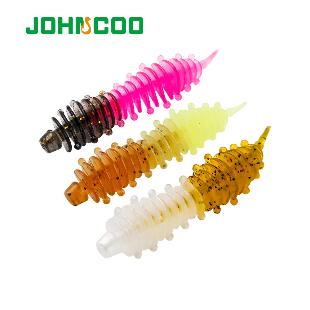 JOHNCOO  50mm 1.27g 12pcs a Bag Double Color Pin Tail Soft Worm Lures Mini Single Tail Soft Baits for Trout