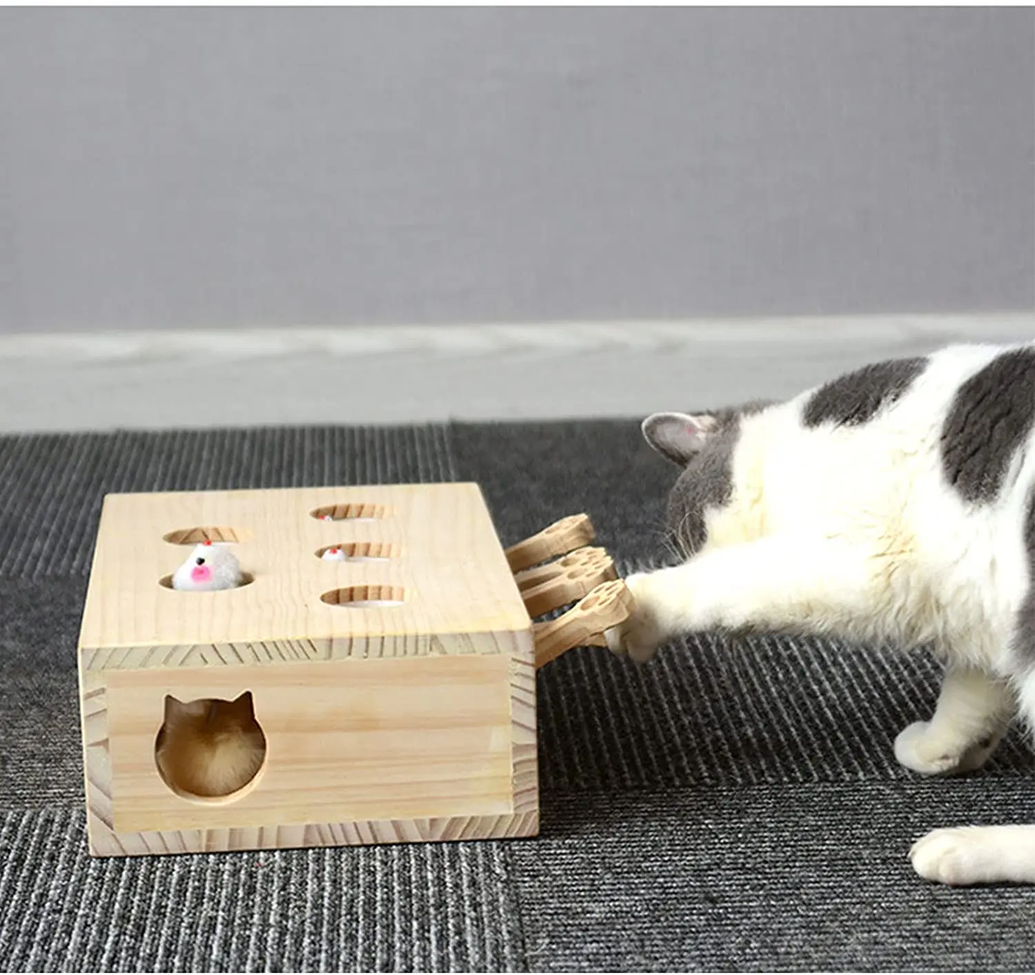 Cat Interactive Wooden Toys Whack a Mole Game Cat Punch for Indoor Play Box Hunt Toy Funny Kitten Safe Catnip Fun Box