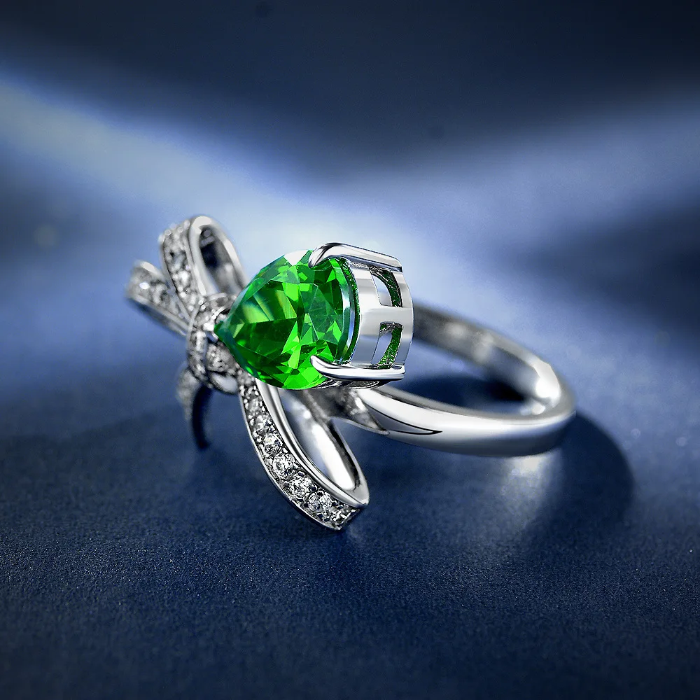 925 Sterling Silver Green Pear Stone Diamond Bow Knot Cubic Zirconia engagement rings jewelry for women