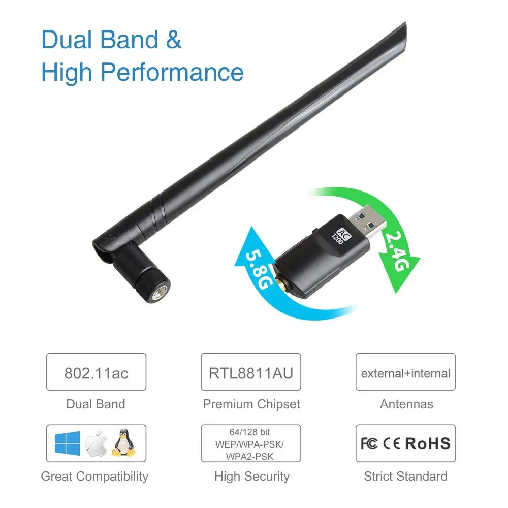  USB Wifi антенна адаптер 1200 Мбит/с приемник двухдиапазонный 2 4G/5G AC1200M Wi-Fi донгл сетевая LAN