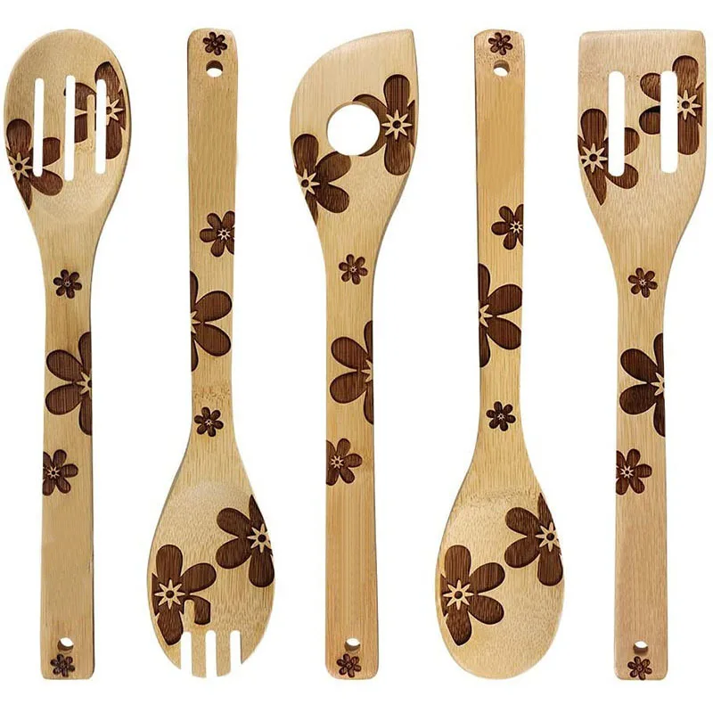 Fun Gift Idea Christmas Decoration Kitchen Supplies 5 Pieces Set Wooden Serving Spoon Burned Bamboo Cooking Utensils with Holder