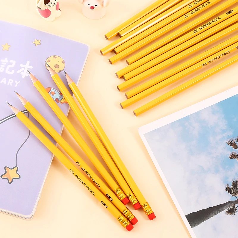 DASHENG 12pcs Yellow HB Pencil with Topper Eraser Hexagonal Standard Wooden Promotional Pencil for School Office and Children