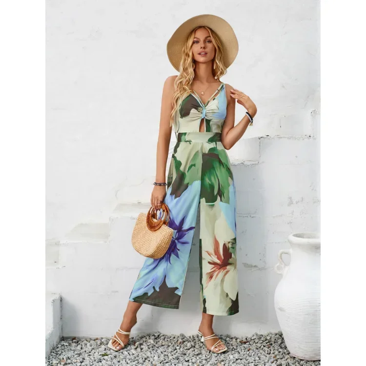Factory New Trendy Floral Printed Sling Straight Ladies Clothing Playsuits Trousers Pattern Sleeveless Casual Women Jumpsuits