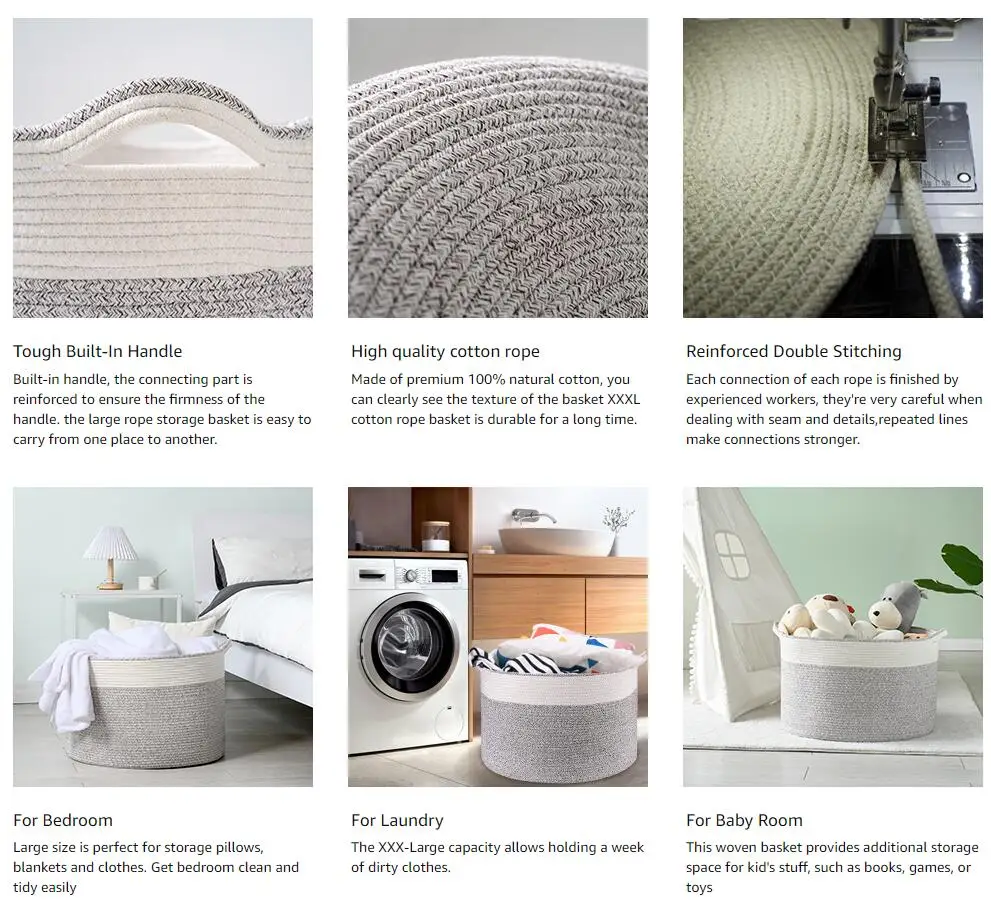 White Large Rope Cotton Woven Storage Laundry Basket