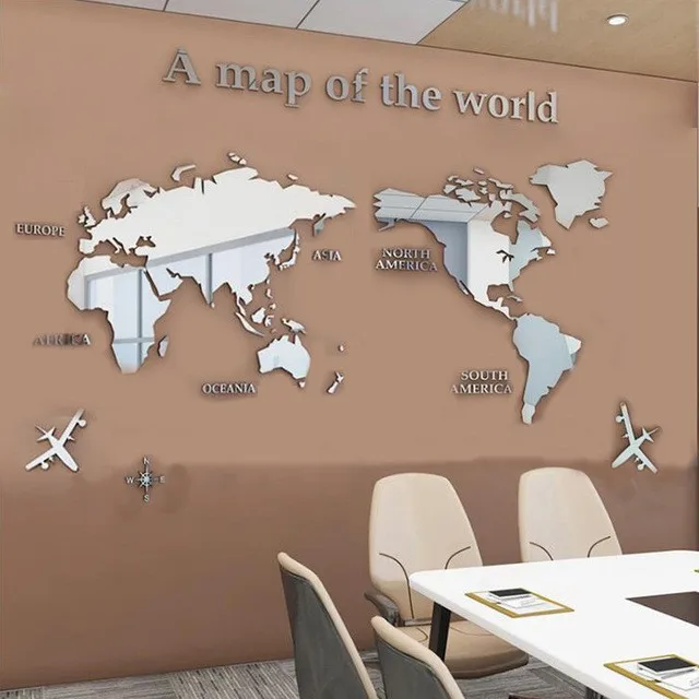 Custom Digital Printing Decal Acrylic Waterproof Large Removable 3D Wall Sticker Map For Home Office Decoration