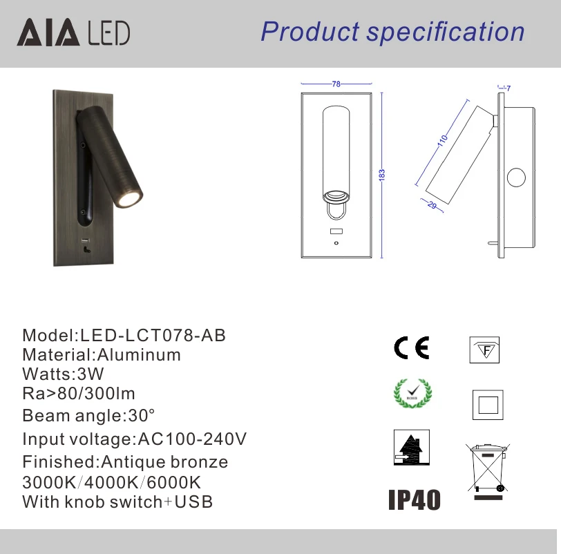 Recessed mounted  3W led foldable USB wall reading lamp bedside wall lamps bedroom accordion bed wall light for hotel villa