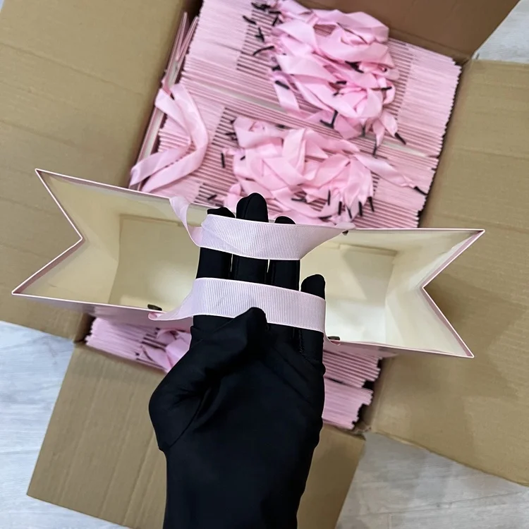 PINK hair bags for bundles pink Top Quality Luxury White Foldable Paper Shopping Bag Custom Logo
