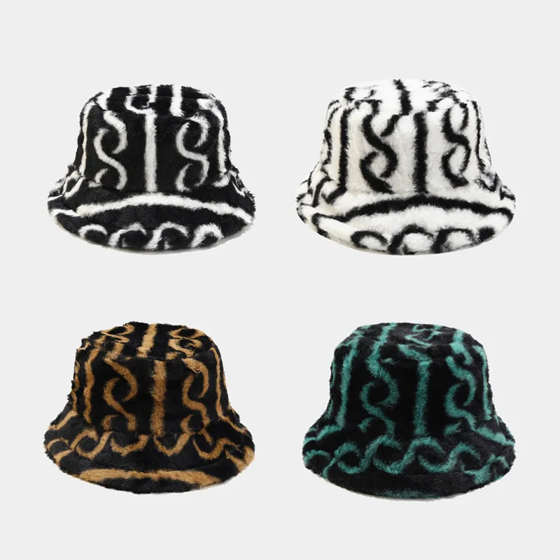 2022 custom logo New Fisherman Hat striped pattern warm foldable Faux Fur Fluffy  bucket hat