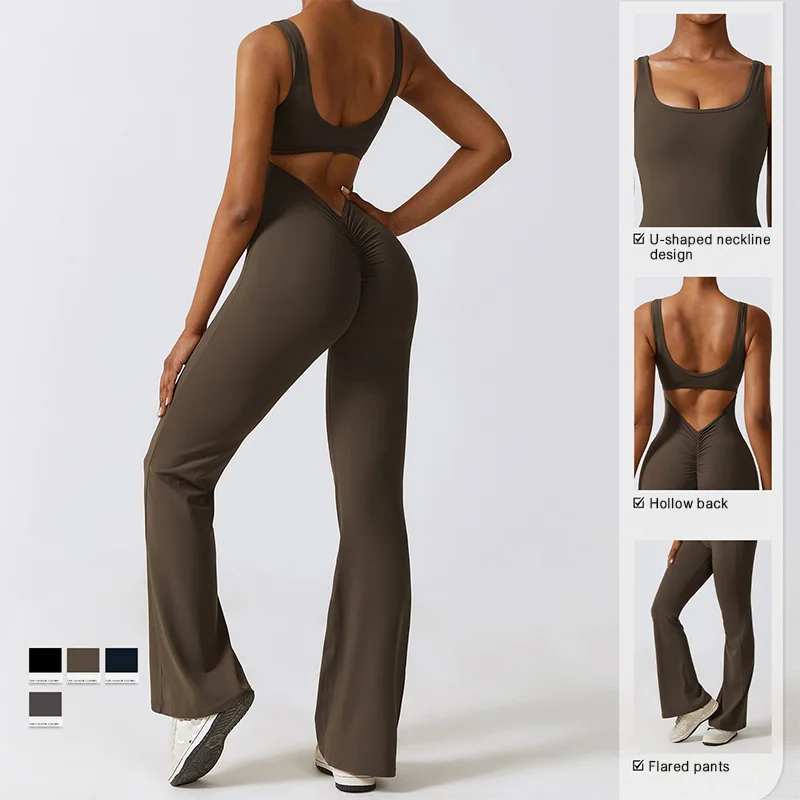 CLT8260 V Back Flare Jumpsuits for Women Built-in Bra Romper Full Length Unitard One Piece Jumpsuits Gym Wear Activewear