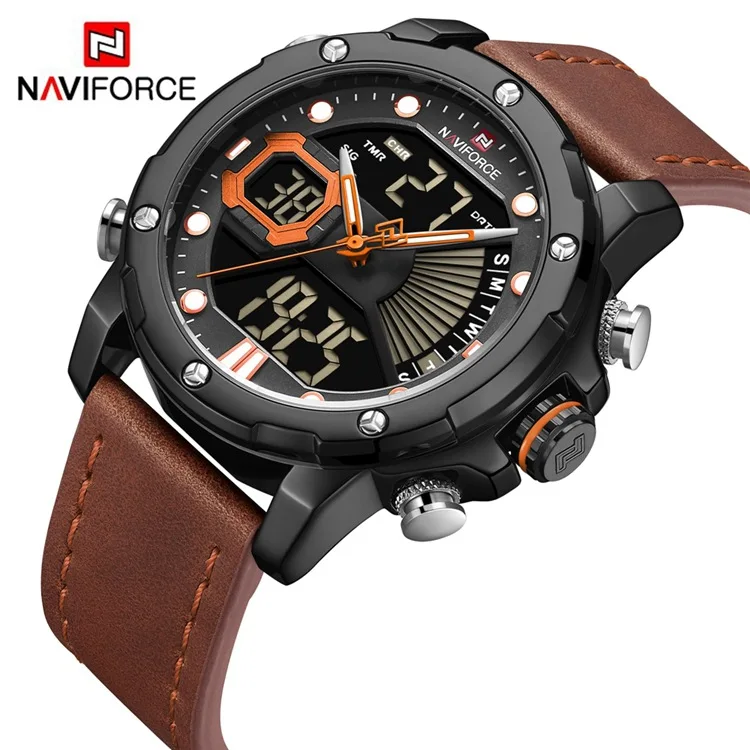 Роскошный бренд NAVIFORCE 9172 мужские часы брендовые кожаные кварцевые цифровые спортивные светящиеся водонепроницаемые