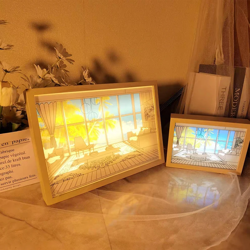 Timjay smart home lighting fixture Painting USB Dimming Bedside Drawing led Simulate Wooden Photo Decorative Creative wall lamps