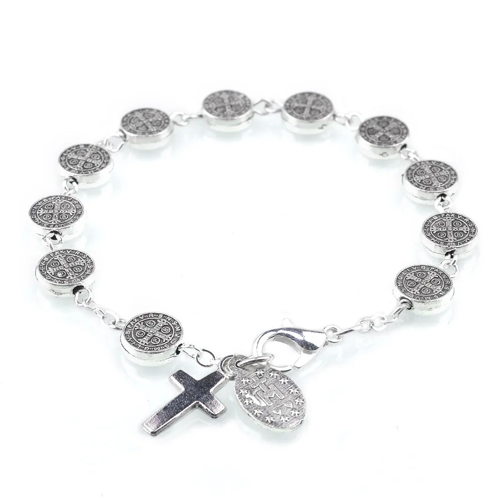 Classic San Benito Rosary Bracelet Religious Silver Alloy Metal Saint Benedict Beads Miraculous Catholic Gift Idea Elegant
