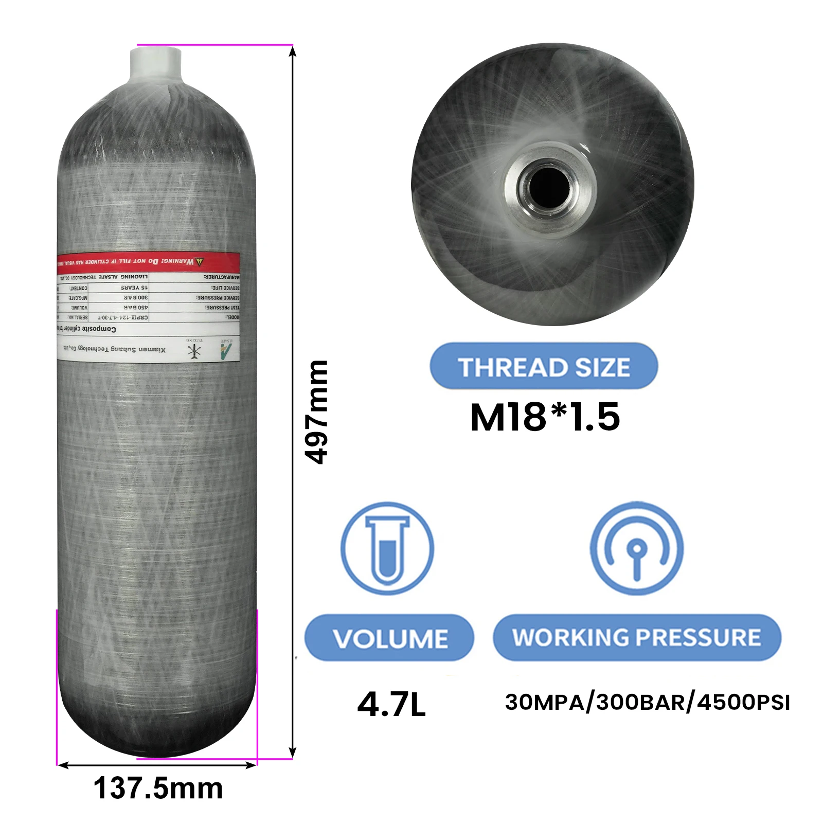 GP High Temperature Resistance High Pressure 4.7L 300bar 4500psi 30mpa Household CE PCP Scuba Diving Carbon Fiber Gas Cylinder