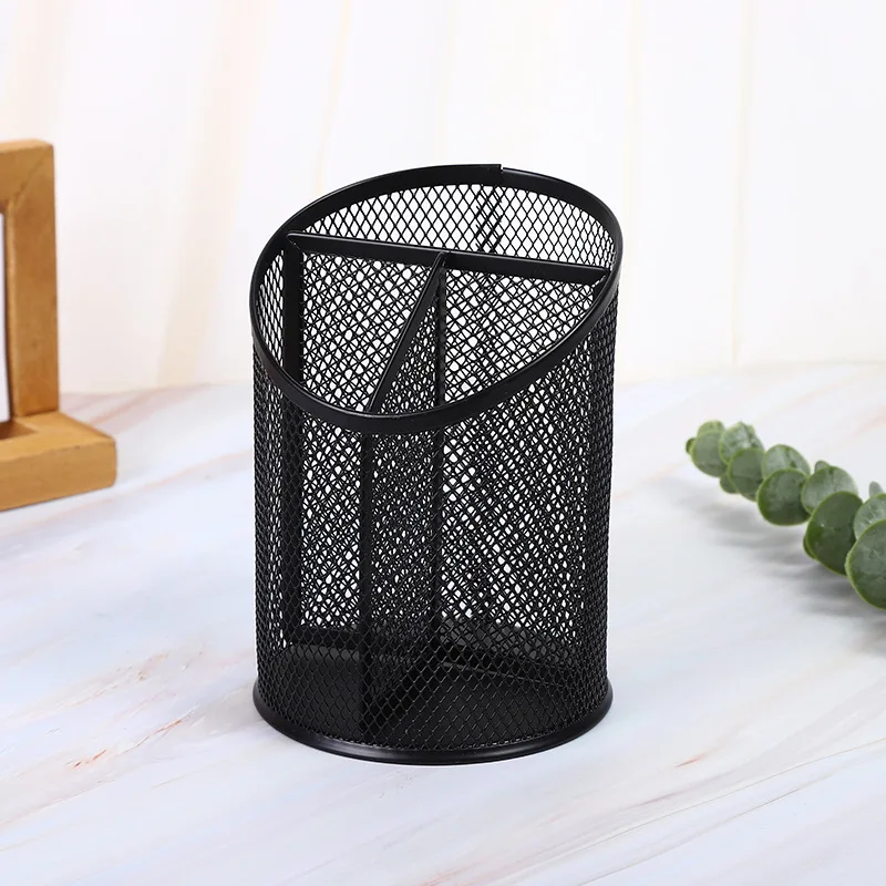 High Quality Mesh Office Organizer Pen Holder Black/Silver Metal Revolving Pen Holder for Promotion