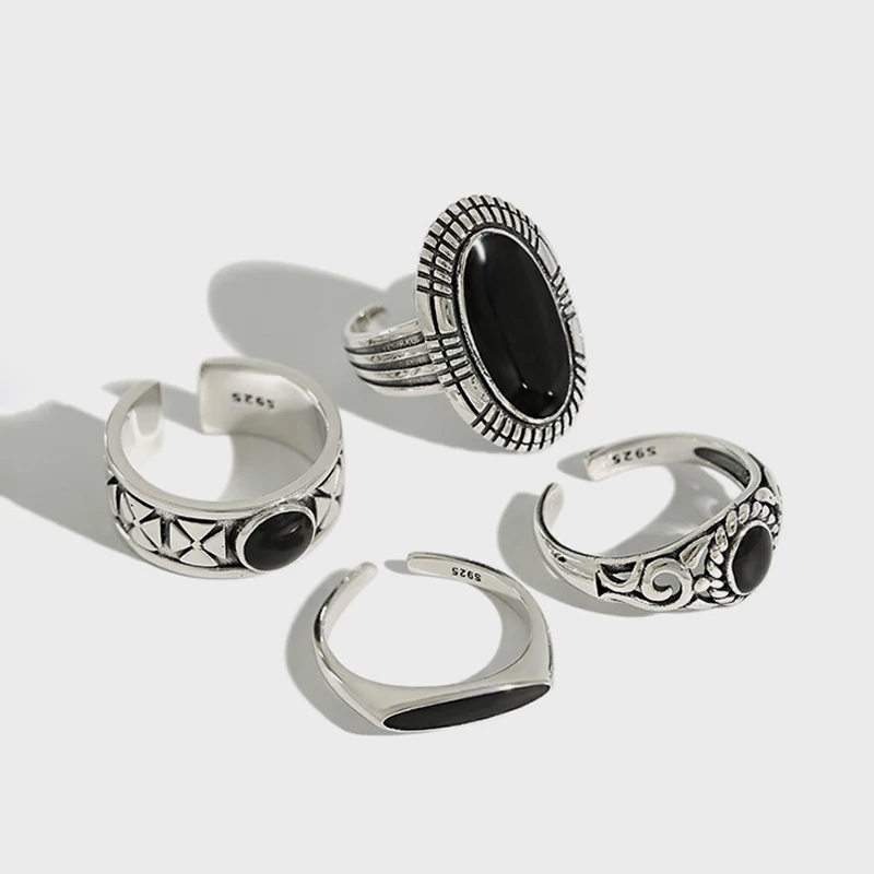 New Designer Vintage Silver Enamel Stone Adjustable Rings  925 Sterling Silver Women Men Wedding Ring Dainty Jewelry